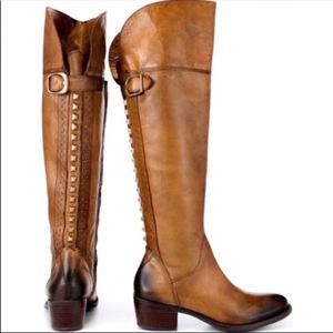 Vince Camuto Bollo Tall Leather Studded Riding Boots Camel Brown and Black 7